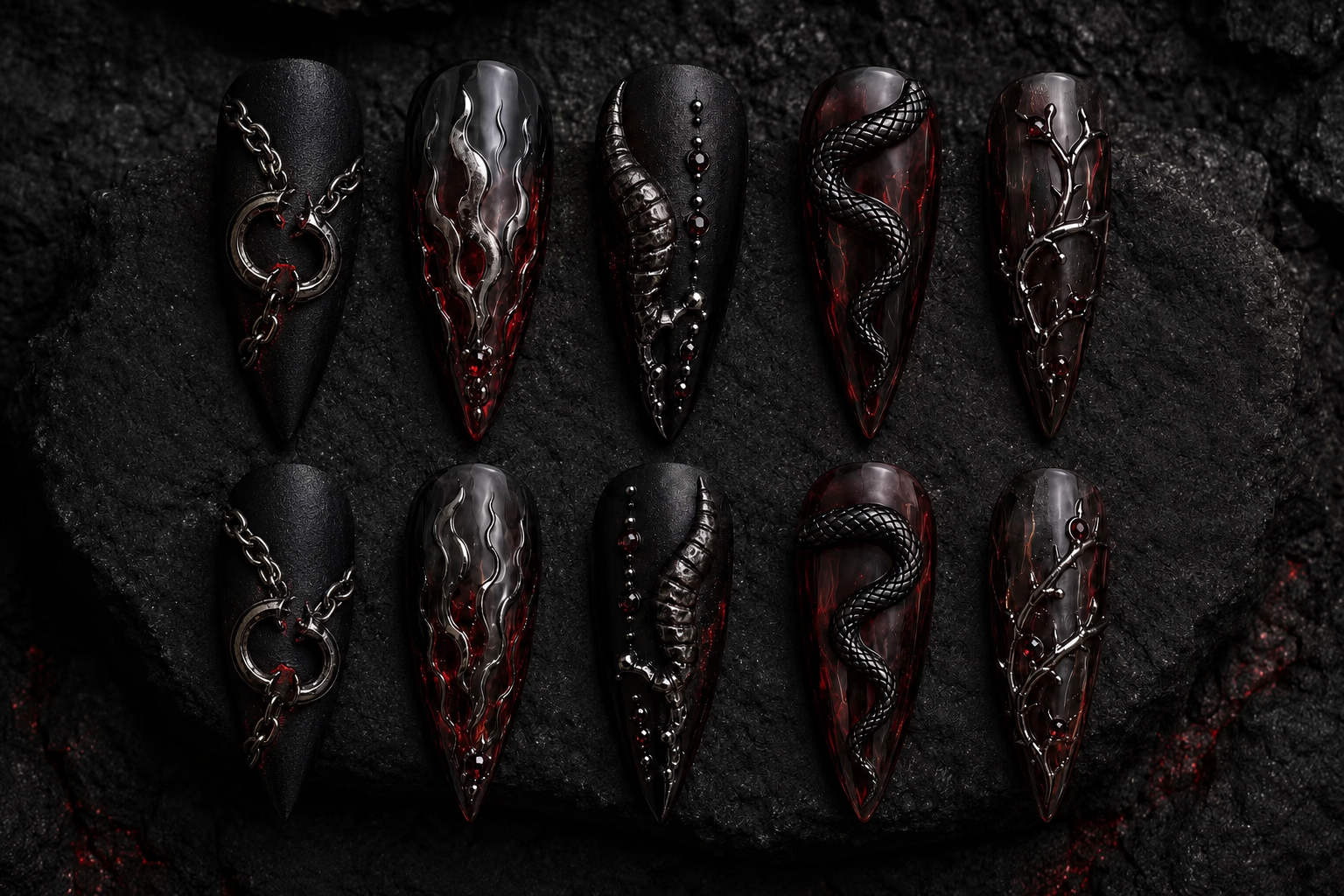 SINNER black-and-red press-on nails with serpentine metal details